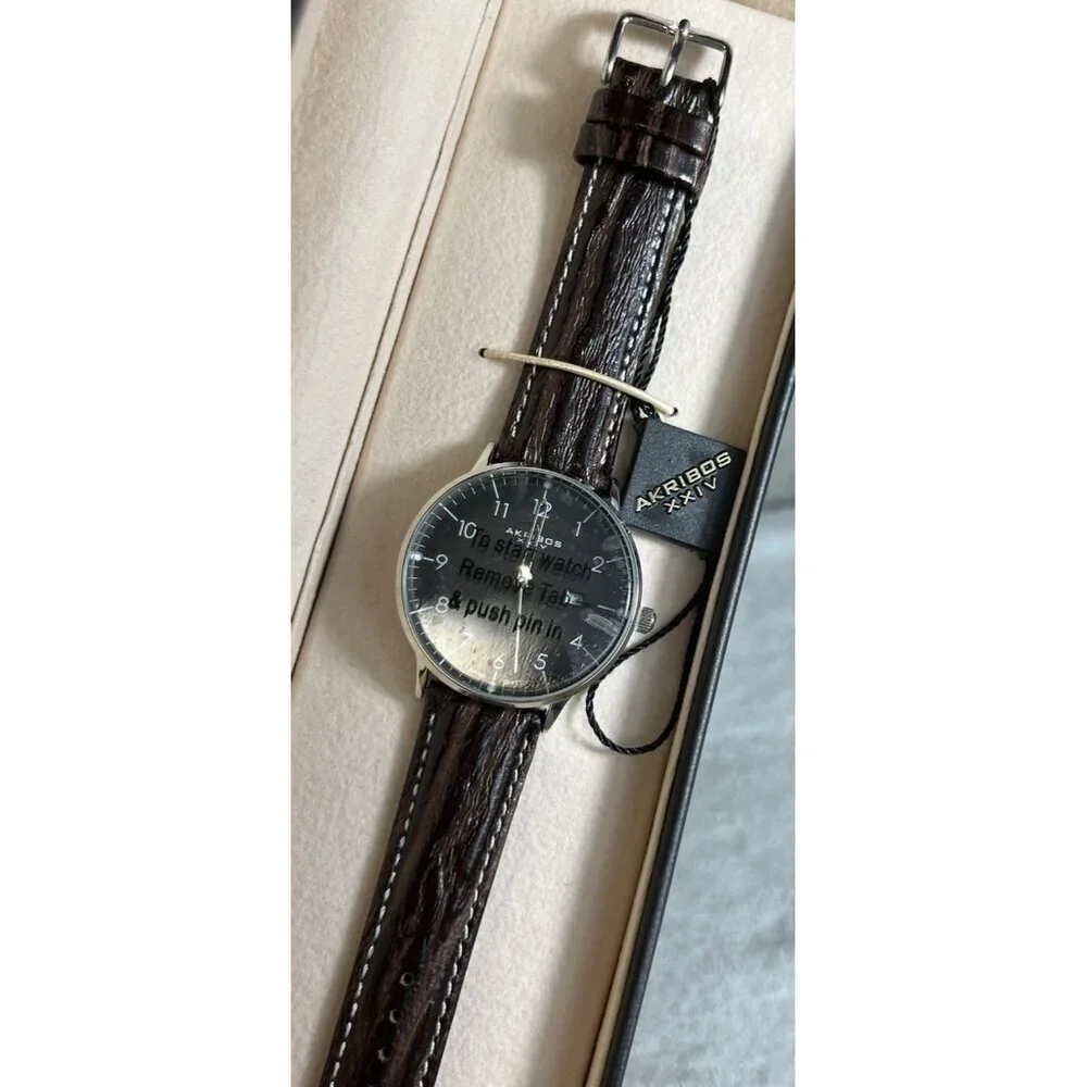 Akribos XXIV Men’s Retro Black Dial Watch w/ Date Window Leather Strap AK715SSB